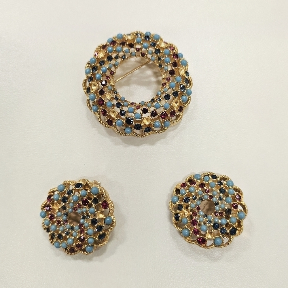 Vintage Sarah Coventry Rhinestone and Beaded Brooch & Earring Set